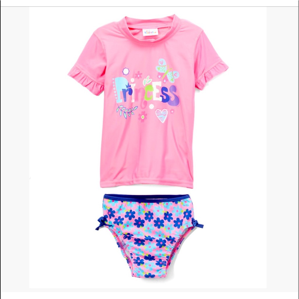 Pink Toddler Rashguard and Floral Bikini Bottoms